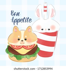 cute little hamburger and soda