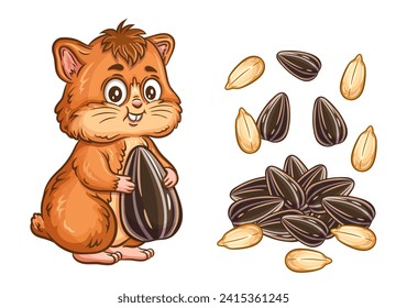 Cute little hamster animal holding sunflower seeds food, heap sun flower kernels snack in shell icon. Funny fluffy domestic pet rodent cartoon character eating grain. Vegetable oil ingredient. Vector