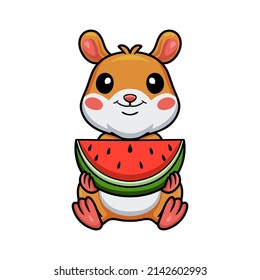 Cute little hamster cartoon eating watermelon