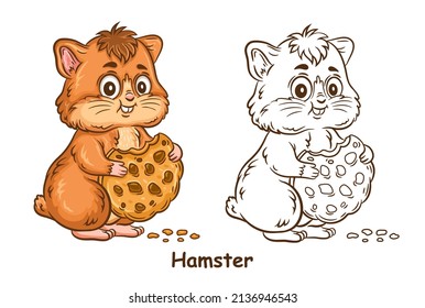 Cute Little Hamster Eat Cookie Children Coloring Page. Funny Fat Pet Rodent Bite Sweet Biscuit Dessert. Fluffy Animal Cartoon Character. Kids Colouring Book Exercise. Preschool Education Game. Vector