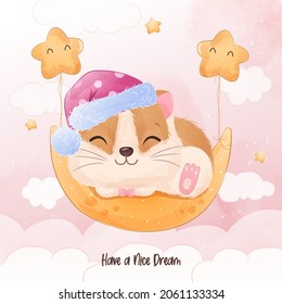 Cute little hamster in watercolor illustration
