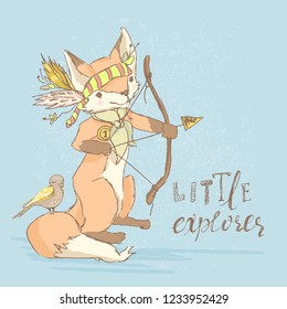 Cute little hand drawn baby fox with boho feathers, bow ad bird