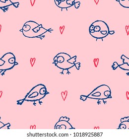 Cute little hand drawn birds and hearts pink seamless pattern. Cartoon vector background.