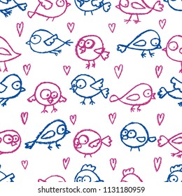 Cute little hand drawn birds and hearts seamless pattern. Cartoon vector background. Blue and pink contour drawing over white.