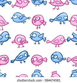 Cute little hand drawn birds seamless pattern. Cartoon vector background with funny pink and blue birds over white.