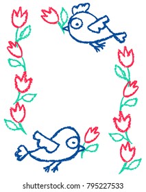 Cute little hand drawn blue birds and flower garlands frame, isolated over white. Cartoon vector nature background.