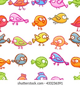 Cute little hand drawn colorful birds seamless pattern. Cartoon vector background with funny birds over white.
