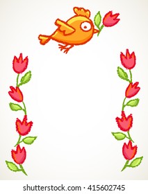 Cute little hand drawn orange bird and red flowers frame. Cartoon vector border with funny flying bird.