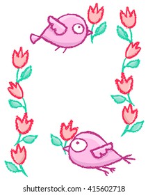 Cute little hand drawn pink birds and flowers frame. Cartoon vector border with funny birds.