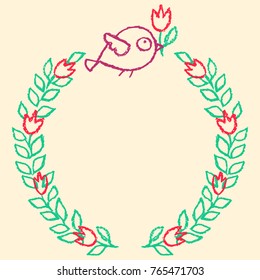 Cute little hand drawn pink bird and flowers wreath frame over beige. Cartoon vector background nature illustration.