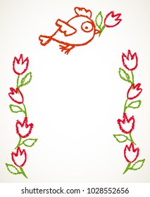 Cute little hand drawn red bird and flower garlands frame, isolated over white. Cartoon vector nature background.