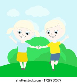 Cute little happy albino children stand on the green grass under the blue sky and hold hands. Cartoon style image of children.