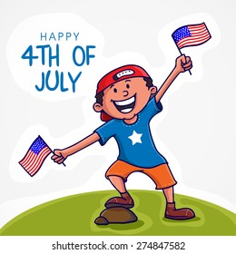 Cute little happy boy enjoying and celebrating on occasion of 4th of July, American Independence Day with national flag.