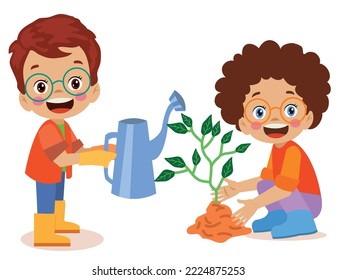 cute little happy boy planting a sapling