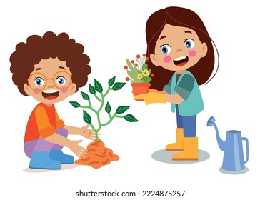 cute little happy boy planting a sapling