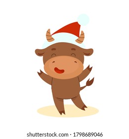 A cute little happy bull stands. Happy New Year. Chinese new year symbol.Christmas card. 2021 year. Flat vector cartoon illustration isolated on white background