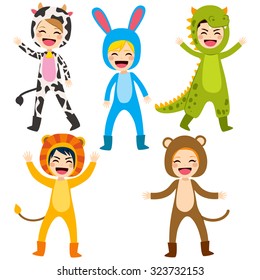 Cute Little Happy Children Wearing Animal Costume