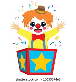 Cute little happy clown boy coming out of inside surprise box