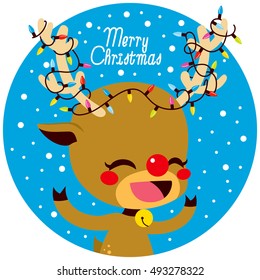 Cute little happy deer with colorful lights decoration tangled in antlers and Merry Christmas text