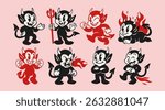 Cute little happy Devils. Funny black, red characters with fire, flame, trident. Different poses. Hand drawn Vector illustration. Halloween, retro, vintage, cartoon mascot concept. Isolated elements