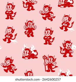 Cute little happy Devils. Funny red characters with fire, flame, trident. Different poses. Hand drawn Vector illustration. Halloween, retro, vintage, cartoon mascot concept. Seamless Pattern