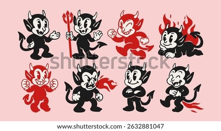Cute little happy Devils. Funny black, red characters with fire, flame, trident. Different poses. Hand drawn Vector illustration. Halloween, retro, vintage, cartoon mascot concept. Isolated elements