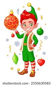 Cute little happy Elf boy holding Christmas ball. Santas little helper vector illustration isolated on white background.