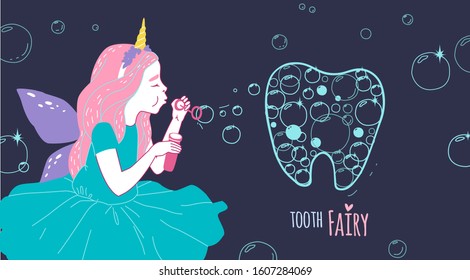 Cute little happy fairy girl with tooth. Hand drawn vector cartoon doodle illustration