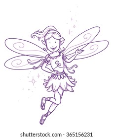 Cute little happy fairy girl flying. Hand drawn vector cartoon doodle illustration