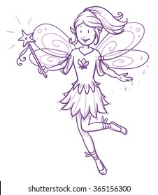 Cute little happy fairy girl flying with wand. Hand drawn vector cartoon doodle illustration