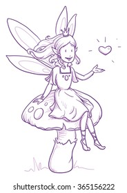 Cute little happy fairy princess girl sitting on a mushroom with heart. Hand drawn vector cartoon doodle illustration