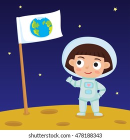 Cute little happy girl astronaut standing on Moon with Earth flag. Design background for child books, stickers, posters, web pages, stickers. 