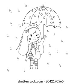 Cute Little Happy Girl With Umbrella And Basket With Halloween Candies Enjoying Rain. Black And White Vector Illustration For Coloring Page For Kids, Girls.  