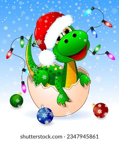 Cute little happy green dinosaur, with Christmas decorations and a Santa Claus hat, in a snowy winter landscape.