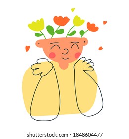 Cute little happy kid. Flowers growing from his head. Mental health. Illustration on white background.