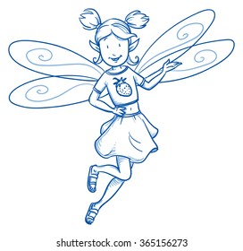 Cute little happy modern fairy girl with strawberry shirt and skirt. Hand drawn vector cartoon doodle illustration