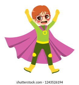 Cute little happy nerd kid with glasses wearing super hero costume