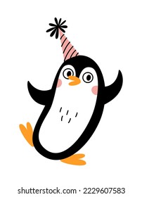 Cute little happy penguin with a cap on his head. Vector doodle flat illustration