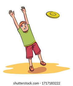 Cute little happy smiling boy playing toy flying disc have fun on green field. Child trying to catch plastic plate. Summer sport game and active playful time. Childhood and summertime rest