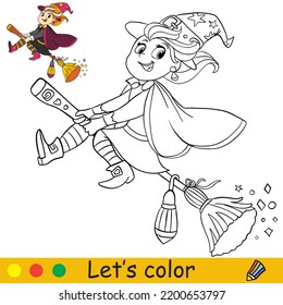 Cute little happy witch flying on a broomstick. Halloween concept. Coloring book page for children with colorful template. Vector cartoon illustration. For print, preschool education and game