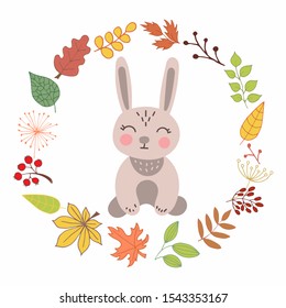 Cute little hare in the autumn forest, among the autumn leaves. Vector illustration of wild animals and seasons concept.