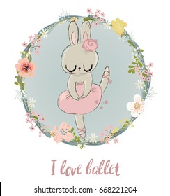 Cute Little Hare with ballet dress and floral frame