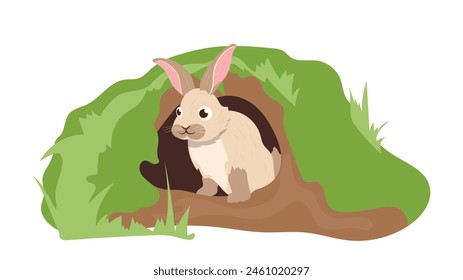 Cute little hare cartoon character living in burrow hidden under grass in ground isolated on white