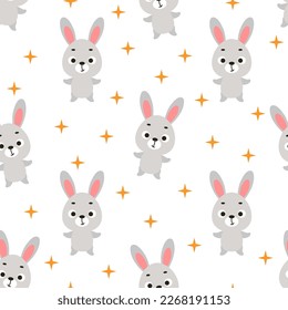 Cute little hare seamless childish pattern. Funny cartoon animal character for fabric, wrapping, textile, wallpaper, apparel. Vector illustration