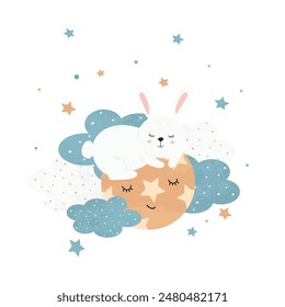 Cute little hare sleeping on a planet in the middle of the night sky. Children's illustration for posters, fabric prints and children's cards on white background. Vector