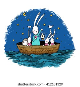 Cute little hares and hedgehog floating in a boat on the river. Night sky. Lantern, the heart and birds. Vector illustration. 