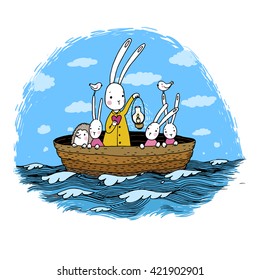 Cute little hares and hedgehog floating in a boat on the river. Lantern, the heart and birds. Vector illustration. 