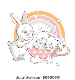 Cute little hares with mom. Cute white baby bunnies take baths in a cup.