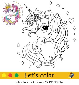 Cute little head of unicorn. Coloring book page with colorful template. Vector cartoon illustration isolated on white background. For coloring book, preschool education, print, design, decor and game.