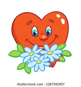 A cute little heart in a cartoon style with a bouquet of flowers. Isolated on white background. Vector illustration.